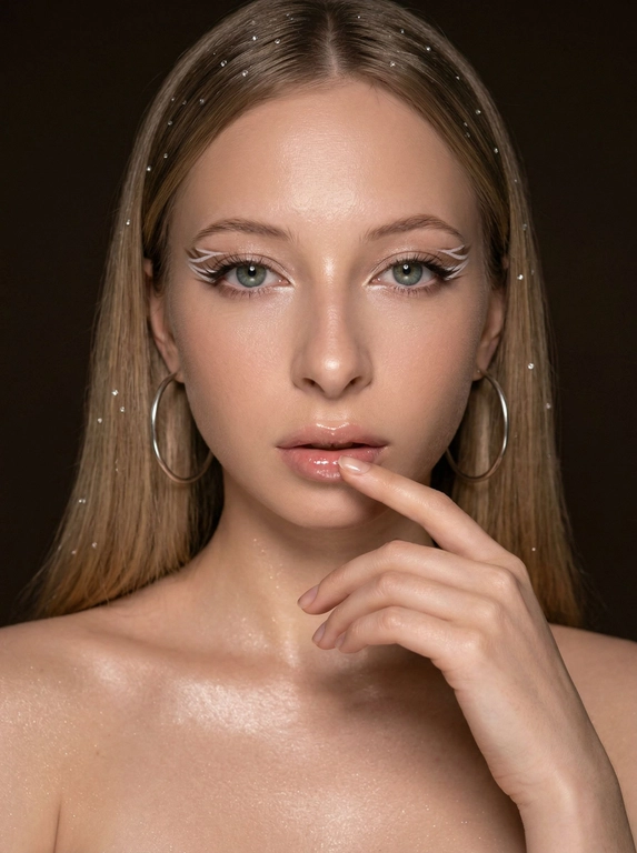 Фотография, выполненная в стиле бьюти-съемки. На снимке женщина, расположенная фронтально. Лицо занимает большую часть кадра, фон размытый, однотонный, темного цвета.
На женщине нет одежды, видна часть шеи и плеч, кожа которых имеет глянцевый блеск. На ушах крупные серьги-кольца серебристого цвета. В волосах, распущенных и прямых, закреплены маленькие блестящие элементы, создающие эффект мерцания.
Макияж выполнен с акцентом на глаза: стрелки необычной формы, с использованием белой подводки. Губы покрыты блеском. Одна рука поднята к лицу, указательный палец касается губ.
Освещение мягкое, рассеянное, создающее эффект свечения кожи. Цветовая гамма теплая, с преобладанием бежевых и коричневых оттенков. Общая атмосфера снимка гламурная и утонченная.