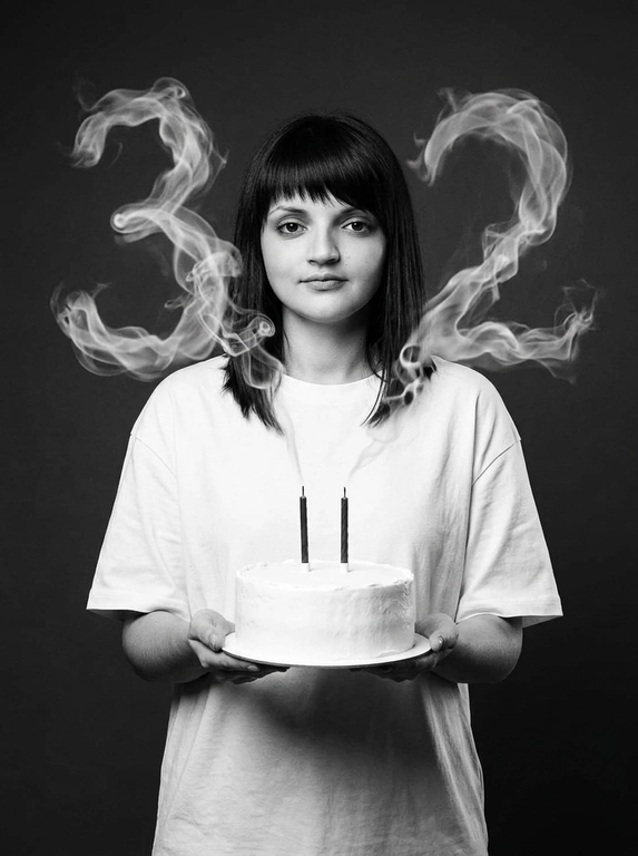 Create a highly photorealistic birthday studio portrait. Use ONLY the uploaded photo as the identity reference and generate the entire scene from scratch.

IDENTITY LOCK: preserve the uploaded person’s exact identity, facial structure, proportions, eyes, eyebrows, nose, lips, jawline, skin tone, skin texture, natural asymmetry, hair color and natural appearance. Preserve the person’s gender exactly as shown. Do not feminize, masculinize, beautify, age, de-age or alter their identity.

POLISHED APPEARANCE: the person must look exceptionally well-groomed, clean, polished and professionally styled, while remaining recognizable as themselves. Hair must look freshly washed, healthy, neat and professionally styled. Preserve the original hair color, length and texture from the uploaded photo, but create a tasteful, natural hairstyle suitable for a professional editorial birthday portrait. For women, create a polished feminine blowout or elegant natural styling when compatible with the original hair. For men, create neat, professionally groomed hair while preserving the original hairstyle. Skin should look clean and healthy with subtle natural grooming, never heavy makeup or artificial retouching.

COMPOSITION LOCK — identical for male or female:
The person stands centered, facing directly toward the camera, framed from approximately the waist up. They wear an oversized plain white T-shirt. Both hands hold a large round white frosted birthday cake on a simple white plate at lower center frame. The cake is directly in front of the torso, never positioned to the side. Two thin dark candles stand vertically on the cake.

Behind the person is a smooth dark charcoal-gray studio background. Realistic white candle smoke rises upward and forms the exact number. The number appears ONLY ONCE, large and clearly readable behind the upper body/head area, naturally connected to the candle smoke. It must look like real physical smoke, not typography.

The person looks directly into the camera with a calm, confident, natural expression and closed mouth.

Black-and-white luxury editorial photography, soft cinematic studio lighting, subtle shadows, realistic contrast and fine film grain. Ultra-photorealistic skin, hair, fabric, cake, hands and physically accurate smoke.

No plastic skin, messy or unstyled hair, greasy hair, excessive makeup, beauty filter, excessive retouching, CGI look, HDR, artificial sharpness, extra people, text, logos or watermark

Цифры из дыма: 32
