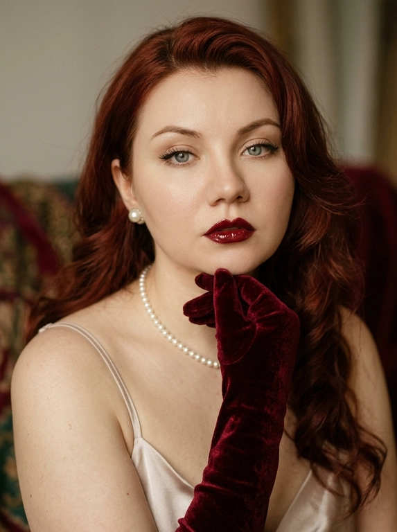 Фотореалистичная художественная fashion-фотография в винтажном стиле, эстетика old-money vintage fashion. Крупный портрет: кадрирование от верхушки головы до верхней части груди/ключиц, лицо занимает большую часть кадра. 
Описание человека: возьми загруженное фото за основу, сохрани лицо.
Образ и детали : классический ретро-glamour. Макияж: ровный фарфоровый тон, мягкие тёплые тени, подчёркнутые ресницы и подводка, выразительные брови; темно-красные губы с чётким контуром и глянцевым финишем. Аксессуары: жемчужные серьги-пусеты и короткое жемчужное ожерелье. На руках длинные темно-красные бархатные перчатки, одна рука поднята к лицу и лежит под подбородком/у линии челюсти, пальцы изящно согнуты. Одежда: светлое атласное/шелковое платье на тонких бретелях (видна верхняя часть), мягкий благородный блеск.
Свет и атмосфера: мягкий рассеянный свет как от окна или лампы с абажуром, тёпло-нейтральный оттенок, нежные тени, лёгкая подсветка скул и линии плеч. Выраженная плёночная дымка (soft haze), мягкое свечение по светам, деликатное зерно, чуть сниженный контраст, пастельная палитра кремовых и серо-оливковых тонов. Фон тёмный, не отвлекающий, с намёком на винтажные ткани и фактуры.
Фокус и детализация: мягкая глубина резкости — лицо и верх образа в фокусе, детали на переднем плане чуть мягче. Высокая детализация материалов (бархат, жемчуг, бархатные перчатки, ткань платья), естественная фактура, аккуратная ретушь без эффекта «пластика». Без текста, без логотипов, без водяных знаков.

Какая будет прическа?: Не изменять мою прическу.
