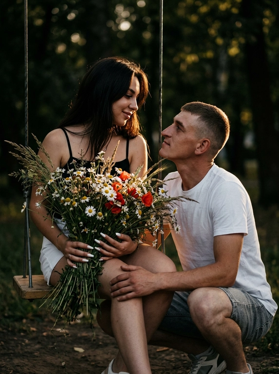 Создай не меняя черты лица 
Соотношение сторон 9:16
Крупный план лиц
Девушка сидит на качелях в парке, смотрит на мужчину 
Одета в чёрную майку на тонких брителях в короткие шорты белые, в руках букет полевых цветов очень большой, перед ней в полуприсяде сидит мужчина, он смотрит на девушку , его руки на ногах девушки, он одет в шорты джинсовые серые, белую футболку, кроссовки 
Волосы у девушки объемные длинные блестящие, они смотрят друг на друга 
Кинематографический эффект с добавлением зерна. Ногти длинные белые  у девушки 
Кожа идеальная подсвечена 
Не меняй черты лица
Фото в золотой час 
moody underexposed fashion photography, intentionally lowered exposure, deep crushed blacks, rich shadows, high contras