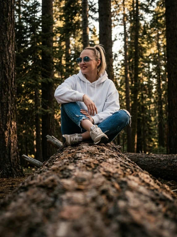 Объектив 35mm, f/1.8, камера расположена очень низко прямо вдоль массивного поваленного дерева, создавая сильную перспективу переднего плана — текстура коры крупно размывается к камере и уводит взгляд к модели. Модель сидит на бревне по-турецки, ноги скрещены перед собой, локти расслабленно опираются на колени, кисти свободно свисают между ног. Корпус слегка подан вперёд, плечи расслаблены, голова повёрнута в сторону, на лице мягкая улыбка без зубов, взгляд направлен вдаль мимо камеры, создавая спокойную уютную атмосферу caught candid moment. На ней белое oversize худи из плотного премиального хлопка с объёмным капюшоном и длинными рукавами, синие свободные джинсы с потёртостями и слегка выцветшей текстурой денима, на ногах белые кроссовки в стиле New Balance с массивной подошвой. На глазах узкие прямоугольные солнцезащитные очки Miu Miu без оправы с серыми зеркальными стёклами. Высокие хвойные деревья вокруг, cinematic forest atmosphere, тёплый вечерний свет проходит сквозь ветви, глубокие тени и мягкие золотисто-коричневые оттенки, moody underexposed fashion photography, intentionally lowered exposure, rich shadows, subtle warm highlights, лёгкая плёночная зернистость, RAW photo, реалистичная текстура кожи, объёмное боке, luxury Pinterest editorial aesthetic.

Какая будет прическа?: Волосы собраны в высокий хвост