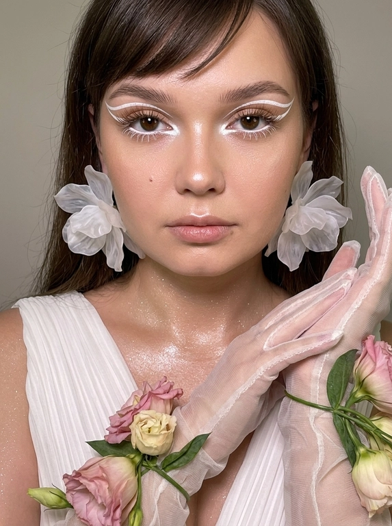 Создай крупный портрет в стиле высокой моды, не меняя черты лица. Элегантный макияж глаз с длинными острыми белыми двойными изогнутыми стрелками, длинные густые ресницы эффект лучики, нижние густые ресницы накрашены белым, белый каял карандаш на нижнем веке, белый хайлайтер во внутренних уголках и на скулах. Тело и декольте подсвечены хайлайтером и шиммером. На ушах объемные полупрозрачные белые серьги-цветы. Высокая детализация текстур кожи и одежды. Лицо освещено ярким белым светом, изящный кадр с нежным светом, мягко обволакивающим фигуру и подчеркивающим пышные складки белого платья из тонкой плиссированной ткани, создающей легкость. В длинных полупрозрачных перчатках, добавляющих изысканности и загадочности. По запястьям из-под перчаток и по предплечьям живые цветы — розовые и кремовые бутоны эустомы и листья, контрастирующие с кожей и блеском перчаток. Лицо обращено к камере, выражение спокойствия и мечтательности, с влажной сияющей кожей. Равномерно светлый нейтральный фон акцентирует фигуру и детали, тени размыты, создавая атмосферу тепла и уюта. Композиция сосредоточена на верхней части тела и руках, подчеркивая грациозность и изящество, фотореалистичное изображение, высокая детализация, 8K, высокая контрастность. Девушка смотрит прямо в камеру.