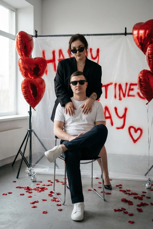 Фотореалистичная редакционная фотосессия пары ко Дню святого Валентина в студии. Фотозона как на референсе: белая студия с прозрачной плёнкой, натянутой на стойках. На плёнке — красные граффити-надписи "Happy Valentine's Day" и сердца в стиле спрей-арта, создающие дерзкий и контрастный фон. По бокам — студийные стойки и красные воздушные шары в форме сердца, на полу разбросаны красные лепестки роз. Атмосфера — современная, fashion, с лёгким арт-хаосом.

Поза и композиция: Крупный план до бедер, мужчина сидит на стуле по центру кадра в позе нога на ногу, уверенная расслабленная поза, его голова немного наклонена в сторону. Девушка стоит за ним, близко, её руки лежат на его плечах или слегка касаются шеи. Между парой ощущение близости и доминирующей, уверенной энергии девушки.
Одежда:
— Мужчина: белая футболка без принтов, тёмные брюки, белые кроссовки. Тёмные очки как fashion-акцент.
— Девушка: чёрный пиджак свободной посадки. Тёмные очки как fashion-акцент.
Выражения лиц: мужчина смотрит в камеру уверенно и спокойно. Девушка смотрит в камеру или слегка сверху вниз, с холодной, контролируемой эмоцией.
Свет: жёсткий студийный свет с акцентом на лица и текстуры, чёткие тени, высокий контраст.
Композиция: вертикальный кадр, пара по центру, фон полностью читается.
Стиль: фотореализм, модная редакционная съёмка, высокая детализация, современный fashion-editorial.