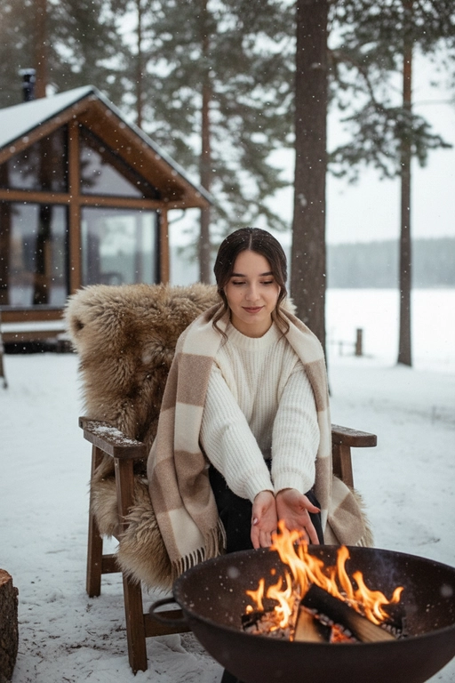 Создайте портрет в кинематографическом стиле с эффектом зерна, человек сидит на улице зимой на деревянном стуле, на стуле шкура меховая коричневая. Идёт легкий снег. человек в белом вязанном свитере и сверху накинут плед бежевый большой. 
На фоне деревянный дом с панорамным окном, озеро частично видно и высокие сосны. 
Перед человеком на переднем плане костровая чаша с огнем не в фокусе.
Греет руки над огнем.