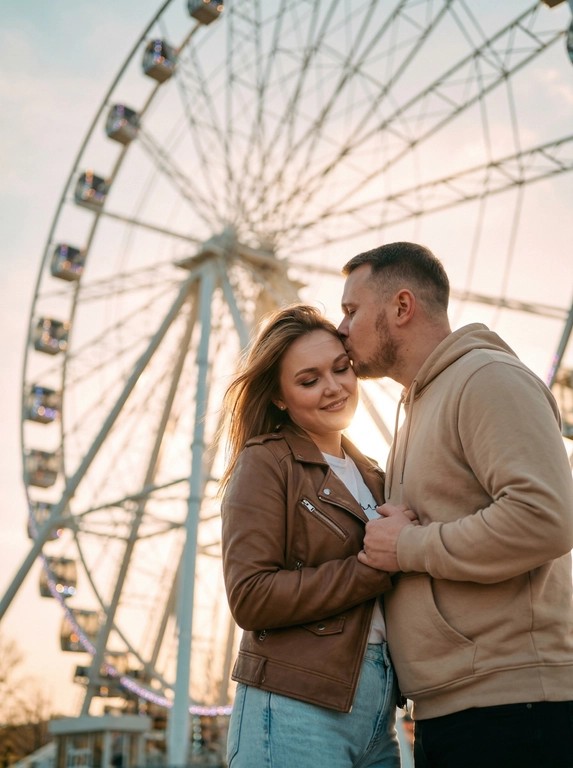 Ультра реалистичное и высококачественное 8К фото. Крупный план в низкой перспективе: пара обнимается и целуется на фоне огромного колеса обозрения в весеннем парке аттракционов, колесо занимает почти весь фон и уходит вверх по диагонали кадра, пара чуть смещена вправо по правилу третей, их фигуры в фокусе, задний план с мягким боке, неяркие огни кабинок и пастельное небо; одежда повседневная — у женщины белая футболка, коричневая мягкая кожаная куртка и светлые джинсы, у мужчины простое худи, поза интимная и естественная, руки крепко держат друг друга; Мужчина целует девушку в голову,она с нежной улыбкой прикрыла глаза. Волосы распущены и слегка развиваются от ветра. мягкий золотой свет «золотого часа» с контровым обрамлением волос и слабым бликом от солнца, тёплая кинематографичная цветокоррекция в тёплых тонах с лёгким teal‑orange контрастом и тонкой плёночной зернистостью для ностальгического настроения; стиль: романтическая кино портретная фотография, редакционный, высокое качество, натуральные текстуры кожи; камера: широкоугольный портрет 35 мм, объектив f/2.0, ISO 200, выдержка 1/250 с, небольшая глубина резкости, фокус на лицах и руках, натуральный шум, мягкая виньетка. Черты лица и цвет волос не должны быть изменены.