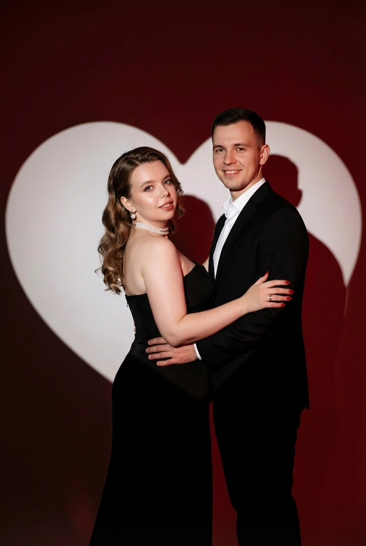 Фотореалистичный редакционный крупный портрет по пояс для пары по референсным фото. Мужчина и женщина позируют вместе, стоят близко. Мужчина одной рукой приобнимает женщину за талию. Фон: тёмно-красный студийный задник, большое белое сердце, проецируемое на стену. Сохранить внешность обоих: реальные черты лица, естественная текстура кожи, реальный цвет и длина волос, без ретуши и изменений. Женщина: облегающее чёрное вечернее платье без бретелей с небольшим разрезом, жемчужный чокер, жемчужные серьги, красный маникюр. Поза в три четверти, спина слегка выгнута, одна рука на поясе или касается руки мужчины. Лёгкая улыбка, взгляд в камеру. Мужчина: чёрный классический костюм, белая рубашка. Прямая осанка, уверенная поза. Взгляд в камеру, легкая улыбка. Свет: драматическое боковое студийное освещение, высокий контраст, чёткие тени на фоне. Композиция: вертикальный кадр по пояс, пара в центре, негативное пространство вокруг сердца. Стиль: фотореализм, модная редакционная съёмка, кинематографическая цветокоррекция (тёплые красные, глубокие чёрные), высокая детализация. Голливудская волна, пробор лёгкий боковой. Верхняя зона чуть приподнята у корней, концы — оформленные волной. Без очков. Профессиональный макияж