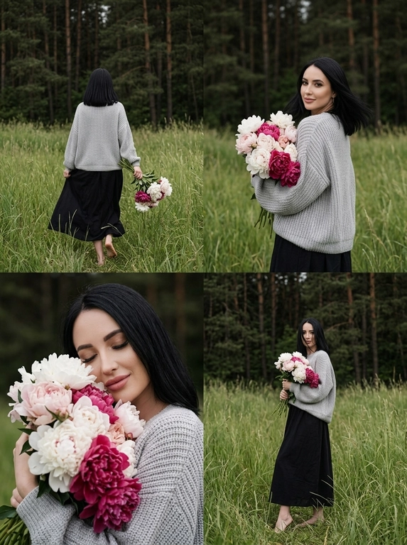 Создать фотореалистичный коллаж из четырех lifestyle fashion-фотографий в единой эстетике. Все кадры сняты на Canon EOS R5, объектив 85 mm, мягкий пасмурный дневной свет, легкая недоэкспозиция, RAW photo, натуральные цвета, живая атмосфера, без ретуши, без HDR, без искусственного размытия. кожа с ровным сияющим тоном, розовые губы с легким сатиновым блеском, аккуратные брови, мягкий luxury nude makeup, естественная текстура кожи без ретуши.

Верхний левый кадр: Женщина снята со спины, идет по высокой зеленой траве к сосновому лесу. В правой руке держит большой букет белых, нежно-розовых и насыщенно-малиновых пионов. На ней объемный светло-серый вязаный oversize-свитер, короткая белая юбка-баллон, белые высокие носки и светлые замшевые казаки.

Верхний правый кадр: поясной портрет. она поворачивается через плечо к камере, смотрит прямо в объектив с мягкой уверенной полуулыбкой. Букет прижат к груди, волосы свободно развеваются. На фоне высокая луговая трава и темный сосновый лес.

Нижний левый кадр: крупный портрет. Она прижимает пышный букет пионов к лицу, глаза закрыты, легкая счастливая улыбка. Цветы частично закрывают лицо, акцент на текстуре лепестков, естественной коже и волосах.

Нижний правый кадр: съемка в полный рост. Она стоит среди высокой травы, слегка развернув корпус в сторону, смотрит прямо в камеру сквозь пряди волос. Букет лежит на согнутой руке, другая рука расслабленно опущена. Свитер свободно спадает по фигуре, белая юбка-баллон создает легкий объем. Атмосфера спокойного летнего вечера, природная эстетика, premium editorial fashion photography.

Доп. характеристики: Прическу не менять, одежда черное длинное летнее платье,босиком