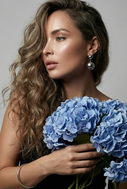 Создайте ультрареалистичный портрет, не меняя черты лица, крупным планом 3/4, с мягкой, освещённой кожей, атласной отделкой и естественным блеском, где женщина изображена в профиле. Спокойное и чувственное выражение лица, губы слегка полуоткрыты. Она носит серебряные серьги-шары и простой серебряный браслет на запястье.
Фон нейтральный, в светло-сером тоне, с тёмным, целенаправленным низким угловым освещением, которое подчёркивает контур лица, текстуру кожи и объём волос. Стиль редактирования — высокая мода, чёткий фокус 8K, реалистичная текстура, изысканная и элегантная атмосфера.


Длинные волнистые волосы покрывают часть лица объёмными локонами, выпадающими на лицо и плечо. 

Цветы: Держит в руках огромный букет голубых гортензий