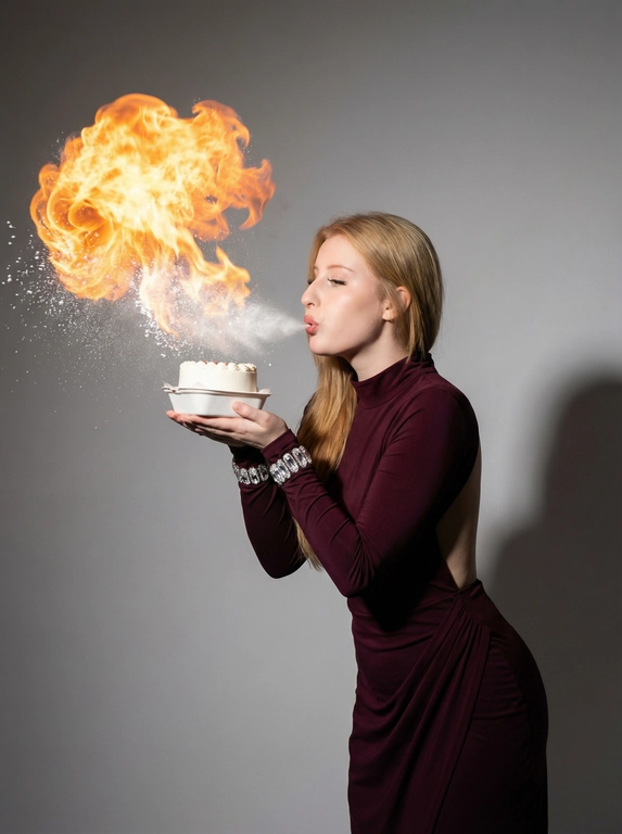 Создайте ИИ-фото: тренд с сахарной пудрой и огненным шаром на торте