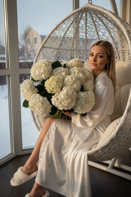 Гиперреалистичная фотография женщины, зима, сидящей полубоком на закрытой веранде с видом на дом в кресле коконе белом и держащей в руках очень большой, пышный букет, состоящий из множества белых цветов — круглых, густых, многоцветковых, с пышными соцветиями и зелеными листьями. Букет объемный, он явно состоит из десятков отдельных гортензий, а не из единого бутона. в ушах маленькие красивые серьги. ногти молочного цвета. Волосы с аккуратной легкой укладкой. 
На ней халат шелковый как кимоно в пол на ногах пушистые тапки.
Ее макияж выполнен в стиле мягкого глэма: сияющая кожа. Она позирует в полупрофиль.
Золотистый естественный свет проникает сбоку, отбрасывая резкие, но мягкие тени на складки ткани . Цвет халата - белый, цвет тапок - белый 