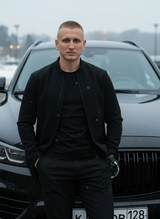 Создайте гиперреалистичное близкий портрет мужчины, облокотившегося спиной о чёрный дорогой внедорожник в зимнюю погоду. Он смотрит в камеру Его руки в карманах
Мужчина одет в стильный чёрный комплект, который сочетает элементы спортивного и классического стиля: чёрная куртка с минималистичным дизайном, слегка обтягивающая фигуру, и брюки, которые идеально сидят по фигуре, с утонченным, слегка спортивным кроем. Внутри куртки видна черная  футболка
Его лицо серьёзное, с лёгким акцентом на силуэт и выражение уверенности. Освещение холодное и мягкое, с небольшими снежинками, которые едва видны в воздухе, создавая атмосферу зимней свежести. Формат 9:16

