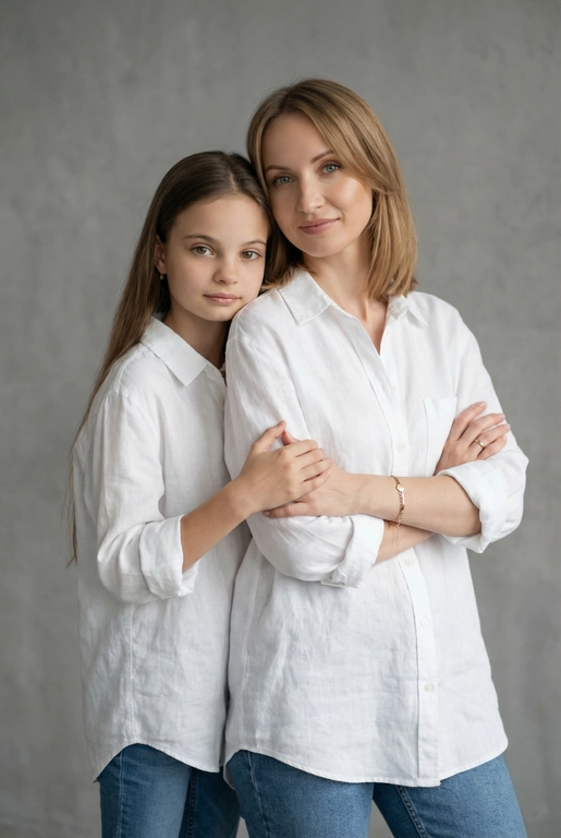 Используй эти два фото мамы и дочери и создай для них студийный портрет в чистом и элегантном стиле. Они стоят рядом, очень близко друг к другу. Дочь мягко обнимает маму за руку и слегка к ней прижимается со спины. Мама сложила руки перед грудью. Образ минималистичный, современный и стильный. На руке у матери тонкий золотой браслет. Профессиональный макияж и прическа.  Не менять черты лица ни на 1 процент. Фон — нейтральный серый с мягкой текстурой. Освещение рассеянное, мягкое, подчёркивающее естественные тона кожи. Атмосфера тёплая, нежная и спокойная, в стиле журнальной съёмки. Обе в свободных стильных белых рубашках с подвернутыми рукавами и джинсах.