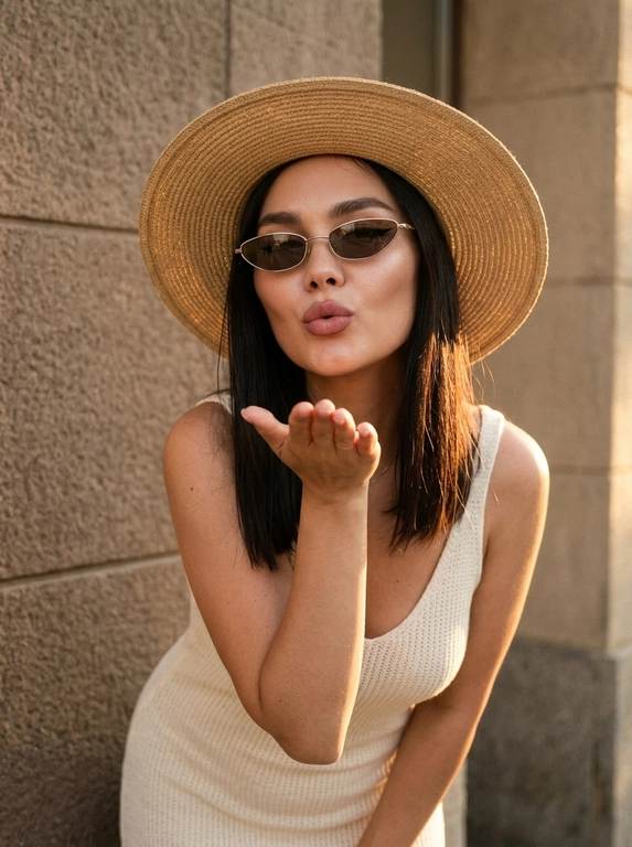 Тщательно кадрированный ультрареалистичный портрет женщины в стиле fashion editorial с y2k-влиянием. Женщина слегка наклоняется вперёд в игривом и кокетливом жесте, будто посылает воздушный поцелуй. У неё широкополая соломенная шляпа. На ней кремово-белое летнее вязаное платье, подчёркивающий  силуэт. На лице макияж с акцентом на глаза: cat eye стрелки на верхнем веке, матовая помада пыльно-розового оттенка, контур губ на тон темнее, влажный хайлайтер. Узкие стильные солнцезащитные очки в металлической оправе.  Естественная кожа с видимой текстурой, порами. Закатное контровое освещение, солнце позади модели, мягкие золотистые блики на коже и волосах, слегка пониженная экспозиция, атмосферные тени. Фон — каменная стена серо-бежевого оттенка с выраженной текстурой. Плёночный фильтр, лёгкая зернистость, небольшой шум, лёгкая туманность. Ультрареалистичное фото, натуральный необработанный вид, без beauty filter, без CGI, cinematic, detailed skin texture.