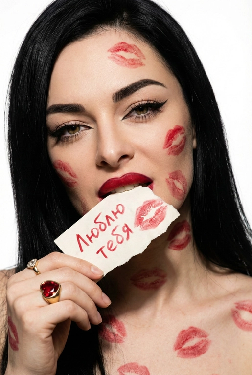   Фотореалистичный портрет крупным планом, кинематографический
вспышка Y2K. Чистый белый фон, драматическое профессиональное верхнее освещение с глубиной и скульптурными тенями. Голова прямо, камера крупным планом на уровне глаз, острый взгляд, томный, томный взгляд. Графичный «лисьий глаз» только во внешних уголках глаз, подчеркнутые ресницы, насыщенная красная помада с более темным контуром.
Она кусает зубами грубо разорванный клочок бумаги, держа его за уголок; на бумаге красной помадой написаны слова
«» и виден отпечаток поцелуя.
Хаотичные следы поцелуев от красной помады на лице, шее, плечах. Золотое кольцо с большим красным сердцем и бриллиантом. Не изменяй черты лица.  На листе бумаги написано "Люблю тебя"