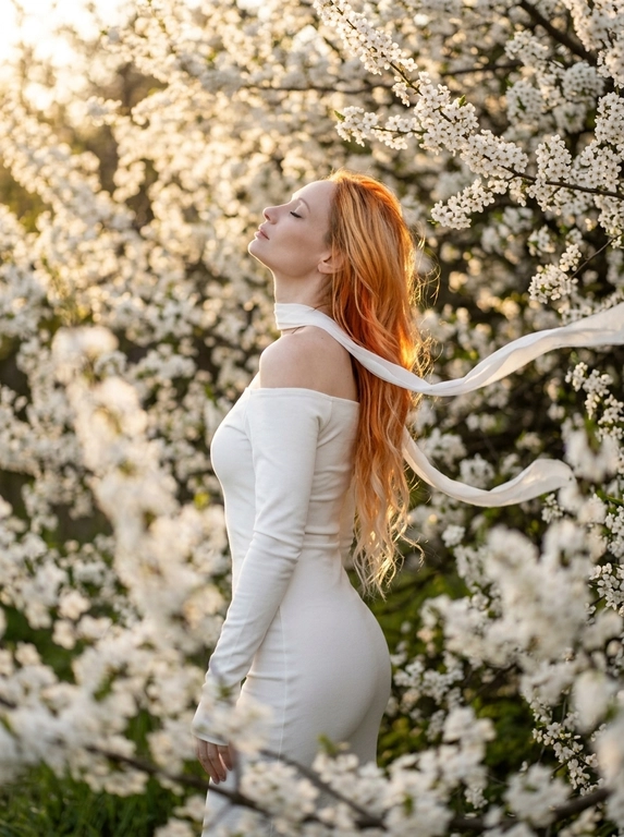 A woman standing among dense white blooming branches.
Side profile, body turned away, head tilted back upward toward the light, eyes closed.
Framing from mid-thigh to head.
Camera slightly below eye level, 85mm look.
Clothing:
Long white fitted dress with long tight sleeves and off-shoulder design (bare shoulders).
Accessory (CRITICAL):
A thin white ribbon scarf around her neck, very light fabric.
The ribbon flows in the wind and extends across the frame.
Flowers (CRITICAL):
Dense white blossoms surrounding the subject exactly like the reference.
Foreground flowers heavily blurred, partially covering bottom and right side.
Background filled with soft white blossoms and warm bokeh.
Lighting:
Golden hour sunlight from top right, strong warm backlight, glowing rim light on hair and shoulders, sun visible through branches.
Shallow depth of field, subject sharp, foreground/background soft.
Warm cinematic tones, soft highlights, photorealistic, high detail.