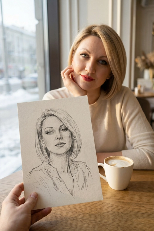Используя загруженное эталонное фото этого человека, сохрани его черты лица, тон кожи, цвет и длину волос на 100% идентичными исходному изображению. Не меняй форму лица, индивидуальность, возраст или выражение. Сохрани реалистичную текстуру кожи и поры, избегая пластикового сглаживания или чрезмерной ретуши. Создай изображение человека с предоставленной фотографии, не изменяя его внешность и естественные особенности.
Снимок от первого лица: на переднем плане видна рука, держащая карандашный набросок портрета. На заднем плане, в легкой расфокусировке, сидит человек, по образу которого сделан этот рисунок. Композиция создает визуальный диалог между реальностью и искусством.
Человек на фоне смотрит в камеру с легкой, естественной улыбкой, подпирая щеку одной рукой и слегка наклонив голову. Макияж (если присутствует) естественный. На карандашном наброске изображено то же лицо, но с более спокойным, задумчивым и погруженным в себя выражением.
Человек на фоне одет в аккуратную, нейтральную повседневную одежду. На рисунке человек изображен в более свободном, художественном образе.
Сцена происходит в светлом, минималистичном дорогом кафе. Человек сидит за столом. На заднем плане видно большое окно с размытым городским зимним пейзажем. Перед человеком стоит керамическая белая кружка с капучино.
Золотой час. Яркий, но мягкий рассеянный дневной свет из бокового окна падает на лицо человека, создавая естественные блики и мягкие тени, подчеркивая уютную атмосферу.
Фотореалистичный стиль, имитация снимка на смартфон или цифровую камеру с портретным объективом. Малая глубина резкости (эффект боке): карандашный набросок в руке находится в идеальной резкости, а человек и фон — мягко размыты. Карандашный набросок должен выглядеть максимально реалистично, с видимой текстурой бумаги и штриховкой.

