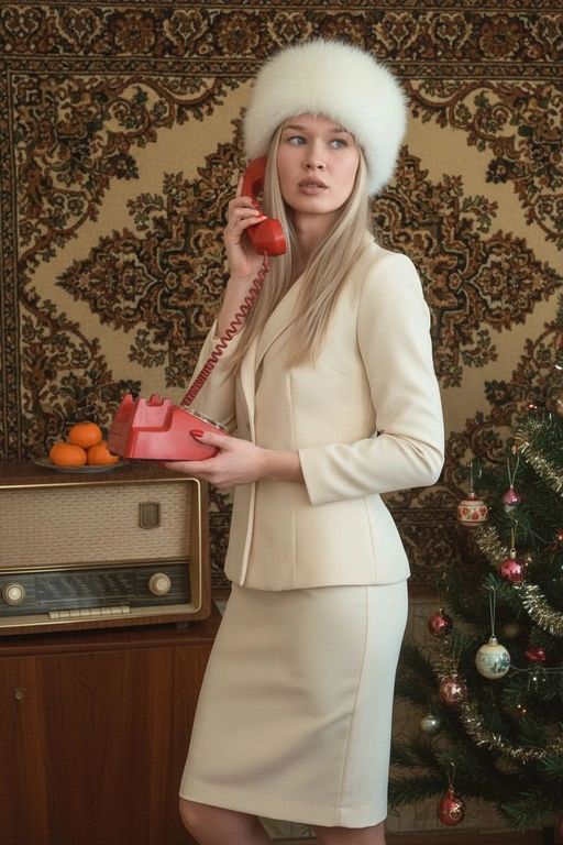 Тёплый винтажный кадр в духе 1970-80-90-х: вертикальный портрет в интерьере советской квартиры — женщина в кремовом костюме-карандаше и белой пушистой шапке. Корпус тела чуть развёрнут в три четверти к камере, вес тела на одной ноге, другая нога чуть согнута в колене и отставлена назад. Спина прямая, плечи расслаблены. 

Правой рукой она держит у лица красную трубку дискового телефона, левой рукой держит основание дискового телефона. Подбородок немного приподнят, взгляд направлен в сторону, мимо камеры, с лёгким, задумчивым выражением лица. На ней голубые тени на глазах, матовая нюдовая помада, контур губ подведен карандашом для губ. На руках красный маникюр. На ресницах черная тушь.   

На стене за ней крупный орнаментальный ковёр с узорами; справа видно часть новогодней ёлки с советскими простыми игрушками. Слева стоит старому деревянный радиоприёмник, на котором сверху лежат мандарины.

Атмосфера — ностальгическая, уютная, немного меланхоличная; мягкий тёплый свет, лёгкая виньетка, зернистость пленки, слегка приглушённые, натуральные цвета. 

Композиция: 3/4 длины, неглубокая глубина резкости, фокус на руках с телефоном и фактуре ковра; кадр кадрирован так, чтобы интерьер и детали (радиоприёмник, телефон, ёлка) передавали эпоху. Параметры стиля: 35mm film look, Kodak Portra palette, high ISO grain, warm color grading, soft contrast, cinematic mood, subtle vignetting, film scratches/textures optional. Избегать современных предметов и ярко неоновых тонов.