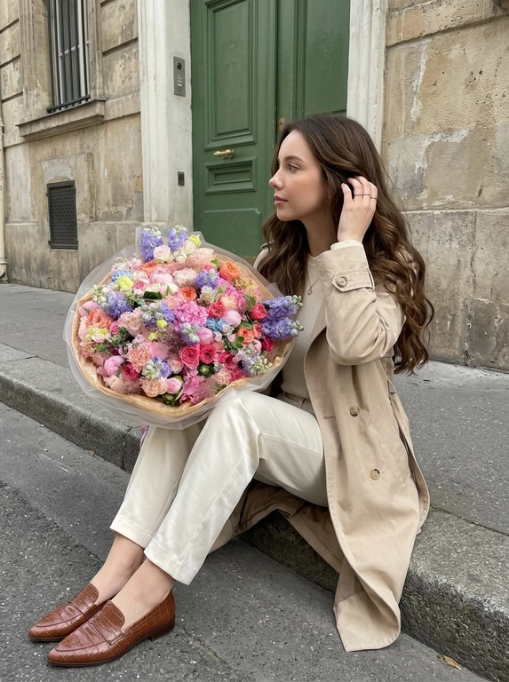 Создайте ИИ-фото с дофаминовым букетом на улице