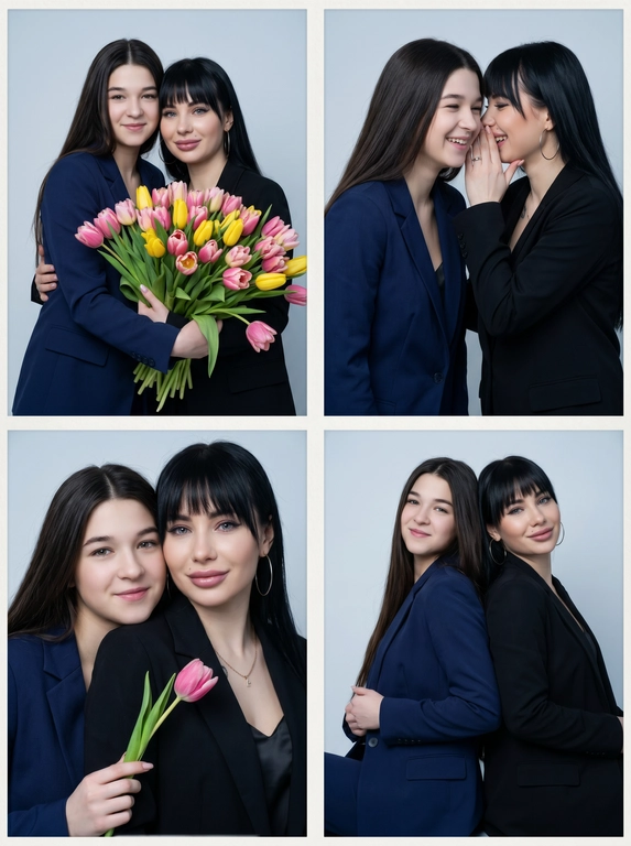 Фотореалистичный кинематографический коллаж в стиле фотобудки 2×2 из четырёх интимных портретов двух человек крупным планом, расположенных в бесшовной сетке 2×2, на каждом кадре показана разная поза и выражение лица.

Персонажи — это реальные люди с загруженной фотографии или фотографий. Использовать ТОЧНОЕ сходство лиц с реальными людьми с загруженного фото или фотографий:
узнаваемые черты лица, форма глаз, носа, губ, без изменения внешности, приоритет портретного сходства, с сохранением узнаваемости лиц, причёсок и пропорций.

Фотосессия к 8 марта. 
Создай трогательные кадры из профессиональной фотосессии в студии, где запечатлены моменты семейной близости двух людей. Сделай так, чтобы все они смотрелись гармонично и трогательно. Они одеты в дорогие костюмы. Освещение холодное. Фон светлый, бесшовный. Фото в стиле Энни Лейбовиц, четкий фокус. Они смотрят в камеру с мягкой улыбкой.

Какие будут цветы?:   У одного из персонажей в руках огромный букет тюльпанов.