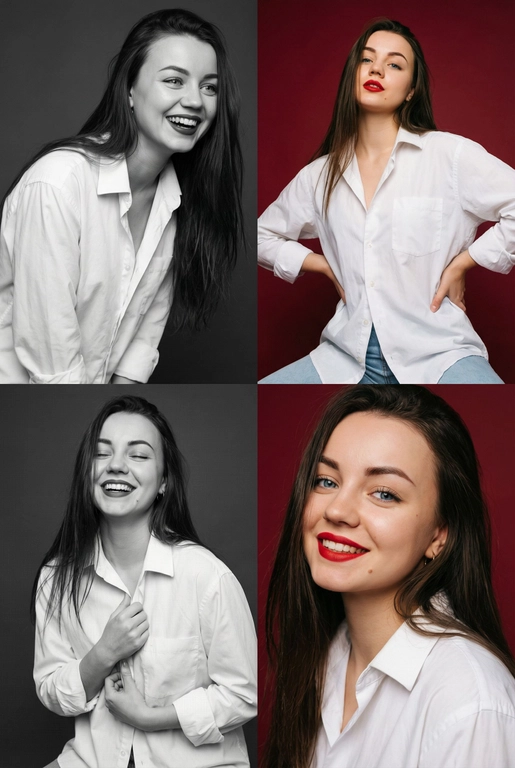 Коллаж из четырёх студийных портретов одной женщины, расположенных в сетке 2×2. Не меняй внешность, цвет и текстуру волос. Все кадры сняты в модном editorial-стиле. Образ — естественная красота, лёгкая небрежность, живые эмоции.
Женщина имеет естественный макияж с акцентом на красные губы. На ней белая очень свободная рубашка мужского кроя на несколько размеров больше, частично расстёгнутая, подчёркивающая линию декольте. В отдельных кадрах она слегка придерживает рубашку руками.
Эмоции и позы:
Верхний левый кадр — чёрно-белый, она наклоняется вперёд, смеётся, взгляд в сторону, живой момент.
Верхний правый — цветной, красный студийный фон, руки на бёдрах, уверенный фэшн-портрет. Снято с нижнего ракурса. Видно часть ее светлых джинс.
Нижний левый — чёрно-белый, она смеётся с закрытыми глазами, держит рубашку у груди, расслабленная поза.
Нижний правый — цветной, крупный портрет, легкая улыбка, слегка наклонила голову в сторону, тёплая улыбка, акцент на губах.
Фон: для цветных кадров — глубокий красный студийный фон, для чёрно-белых — нейтральный тёмный фон.
Освещение: мягкий студийный свет, подчёркивающий текстуру кожи, волосы и складки рубашки. Без жёстких теней.
Композиция: кадры слегка разные по ракурсу, создают ощущение живой съёмки backstage.
Стиль: fashion editorial, lifestyle, natural sexy, cinematic soft light, analog photo vibe, magazine photoshoot, ultra realistic, high detail, skin texture visible, 8k. Волосы распущены и уложены в объемную естественную укладку