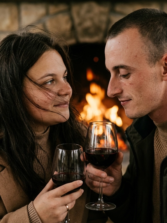 Don't change facial features. A dramatic close-up of a couple against a fireplace: the man on the right, in profile, with half-downcast eyes, looks at a glass in his hand with a slight smile; the woman on the left, holding a glass of wine, looks at her husband. The wind tousles the woman's hair, strands partially covering her face, adding dynamism. Stylish autumn clothes without accents. The woman with a slight smile. The atmosphere is intimate, cinematic, and emotional. Highly detailed skin, natural texture, soft shadows, and muted highlights. Film effect with pronounced grain, matte shadows, Kodak Portra 400 processing. Shot on 85mm in a trendy editorial style.