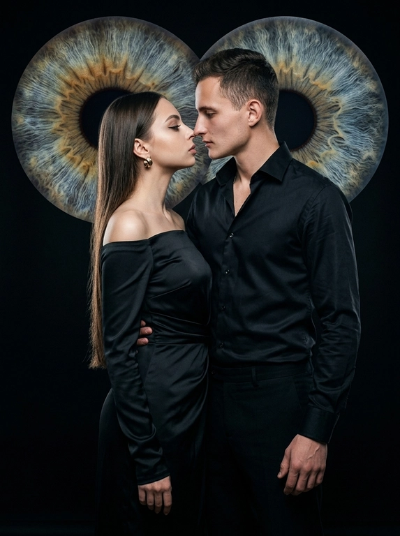 Вертикальная cinematic fashion-фотография (9:16). Глубокий чёрный фон без лишних деталей.

Пара стоит максимально близко друг к другу, почти соприкасаясь лицами. Между губами остаётся всего несколько сантиметров. Корпуса слегка развёрнуты навстречу друг другу. Мужчина расположен немного позади и сбоку, одна рука естественно находится за спиной женщины, создавая ощущение близости. Женщина слегка приподнимает подбородок. Оба сохраняют напряжённый зрительный контакт. Выражения спокойные, уверенные и чувственные, без переигрывания.

Женщина одета в длинное чёрное платье из плотного матового сатина с открытыми плечами, длинными облегающими рукавами и мягкой драпировкой по линии талии. Небольшие скульптурные серьги из матового золота.

Мужчина одет в чёрную приталенную рубашку из премиального хлопка с лёгкой сатиновой фактурой, верхние две пуговицы расстёгнуты, классические чёрные брюки прямого кроя из матовой шерстяной ткани.

Позади пары расположены два больших частично перекрывающихся круга. Каждый круг является точным макроувеличением настоящей радужки одного из персонажей с загруженных референсов.

Левый круг содержит только радужку женщины.
Правый круг содержит только радужку мужчины.

Не создавать новые глаза. Не менять цвет глаз. Не объединять рисунок радужек. Не использовать случайные или декоративные текстуры.

Необходимо в точности воспроизвести:
- настоящий цвет каждой радужки;
- индивидуальный рисунок волокон;
- естественные прожилки;
- цветовые переходы;
- лимбальное кольцо;
- внутреннее кольцо вокруг зрачка;
- все уникальные особенности радужки каждого человека.

Радужки должны выглядеть как сильно увеличенные фрагменты именно их настоящих глаз, словно выполненные в режиме макросъёмки, а не как художественная иллюстрация или случайная текстура.

CRITICAL: The enlarged irises in the background MUST be extracted from the uploaded reference photos. Preserve the exact iris identity of each subject. Do not invent, replace, stylize, beautify or randomize the iris pattern. Do not generate generic irises. The left iris must exactly match the woman's real iris. The right iris must exactly match the man's real iris.

Освещение построено на сочетании мягкого контрового света и прямой вспышки. Вспышка подчёркивает лица, текстуру одежды и глаза, а контровой свет аккуратно отделяет силуэты от фона. Часть лиц остаётся в глубокой мягкой тени, создавая выразительный объём. Контраст высокий, но детали в тенях сохранены.

Цветокоррекция: глубокие чёрные оттенки, мягкие серебристые блики, лёгкий холодный cinematic grade, натуральные оттенки кожи. Тонкое плёночное зерно, высокая детализация кожи, естественные поры, без пластиковой ретуши, без CGI, luxury fashion editorial, cinematic portrait, flash photography, shallow depth of field, photorealistic, ultra realistic, no AI look, no text, no watermark.