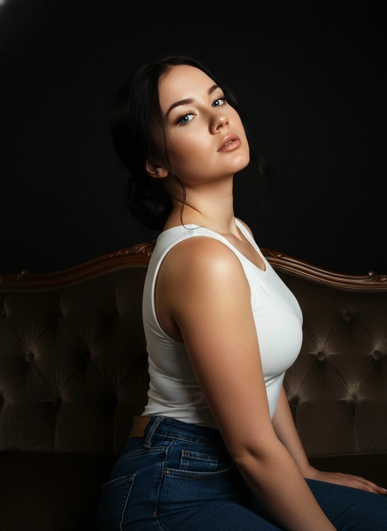 Создай крупный портрет, не меняя черты лица. Художественный женственный портрет. Девушка в белом топе и синих джинсах изяЩНО ВЫгнулась на краю дивана, голова запрокинута назад. Смотрит в камеру. Драматичное освещение «чиароскуро», глубокие тени и мягкие блики на коже. Акцент на линиях шеи и ключиц. Девушка с безупречным макияжем, кожа с загорелая с хайлайтером. Волосы собраны в низкий пучок, с выбившимися прядками. Темный, минималистичный фон, приглушенные тона. Высокая детализация кожи, эстетика Кинематографичного кадра, 8k, снято на 35mm объектив. глубокий черный фон, зернистость

пленки, меланхоличное настроение.
Эстетика роскоши, высокое разрешение,гиперреализм, текстура детально проработаны. Dramatic studio lighting, chiaroscuro, high contrast. Quality: 8k, hyper-realistic, highly ...


