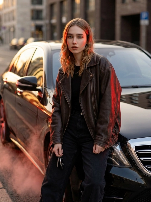 Создай крупный портрет, не меняя черты лица. Женщина в темно коричневой  кожанке оверсайз и черных свободных джинсах бананах стоит рядом с роскошным черным автомобилем Мерседес(перенеси с референса) . Она облокачивается на машину, взгляд
• направлен в камеру с решительным и уверенным выражением. В её руках - автомобильные ключи Освещение - мягкий вечерний свет, отражающийся от кузова автомобиля, создавая драматичные тени подчеркивая ее силу. Безупречный макияж, губы пудрово-коричневые. Фон городской золотой час. И красный свет сбоку
Снизу дым Съёмка выполнена на 50mm f/1.8 с фокусом на ее лице и машине, создавая , атмосферу уверенности.