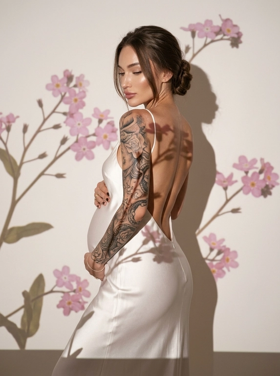 Фотореалистичный fashion editorial портрет беременной девушки на 8 месяце беременности, вдохновлённый глянцевой студийной съёмкой. Она стоит в пол-оборота к камере, смотрит на живот со спокойным и элегантным выражением лица. Утончённая поза, естественная осанка, выразительные глаза, мягкий макияж, сияющая реалистичная кожа с сохранённой текстурой, лёгкий блеск на плечах и лице.

Одно бедро чуть приподнято, изящный и чувственный изгиб спины. Держит живот руками снизу.

На ней минималистичное приталенное белое сатиновое платье-комбинация в стиле luxury fashion, с глубоко открытой спиной. Тонкая ткань красиво облегает фигуру, образ чистый, дорогой и женственный.

Сцена снята в студии на нейтральном светлом фоне. Главный художественный элемент — проекция от проектора в виде крупных веточек розовых незабудок.

Эти цветы не находятся в пространстве как реальные предметы, а именно спроецированы на стену, руки и платье. Видны мягкие, но заметные цветочные тени и световые пятна, создающие эффект художественной projection mapping. Рисунок незабудок должен выглядеть как световая проекция, с естественным растеканием света по коже и ткани, без ощущения, что это настоящий букет или декорация.

Освещение тёплое, мягкое, студийное, с деликатным контровым светом и выразительными тенями.

Эстетика high-end beauty campaign, обложка модного журнала, премиальный минимализм, чистая композиция, вертикальный кадр, крупный портрет по колени, объектив 85 мм, малая глубина резкости, мягкое боке, высокая детализация, ультрареализм, cinematic, elegant, stylish, no text, no watermark.

Причёска : Не менять прическу

Доп. характеристики: Обручальные кольца золотые