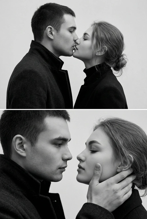 Не меняй внешность. Фотография представляет собой диптих (двойное изображение), выполненный в черно-белой гамме, который запечатлел пару в двух последовательных, нежных моментах. Общий стиль снимка — минималистичный и драматичный.
Верхний Кадр: Поцелуй
• Действие: Пара запечатлена в момент поцелуя.
• Мужчина: Слева, в профиль. Он одет в темное пальто или пиджак с высоким воротником. Его губы соприкасаются с губами женщины.
• Женщина: Справа, в профиль, с приподнятым подбородком, чтобы дотянуться до мужчины. У нее тонкие, изящные черты лица. Она одета в похожее темное пальто с воротником-стойкой.
• Эмоция: Кадр передает интимность и сосредоточенность на моменте соприкосновения.
Нижний Кадр: Нежность и Взгляд
• Действие: Мужчина и женщина смотрят друг на друга (или почти смотрят) на очень близком расстоянии.
• Мужчина: Слева, в профиль. Выражение его лица более серьезное и задумчивое. Он смотрит прямо на женщину.
• Женщина: Справа. Ее голова немного запрокинута, а глаза почти закрыты, что придает моменту большую чувственность.
• Взаимодействие: Рука мужчины (похоже, его правая рука) нежно поддерживает ее лицо сбоку, держа ее за челюсть/подбородок. Это движение подчеркивает заботу и глубокую эмоциональную связь между ними.
Общий Стиль и Композиция
• Цвет: Использование черно-белой палитры исключает отвлекающие цвета и усиливает драматизм, фокусируя внимание зрителя на контурах, текстурах и эмоциях.
• Одежда: Оба одеты в простые, темные вещи, которые гармонируют с общим настроением снимка.
• Фон: Однотонный, нейтральный, светлый фон (возможно, белая или светло-серая студийная стена), который создает сильный контраст с темной одеждой пары.
• Композиция: Диптих, разделенный горизонтальной линией, показывает два мгновения близости, создавая историю или последовательность.
Снимок производит впечатление элегантной, высококлассной модной или арт-фотографии, посвященной теме глубокой, серьезной любви и страсти.