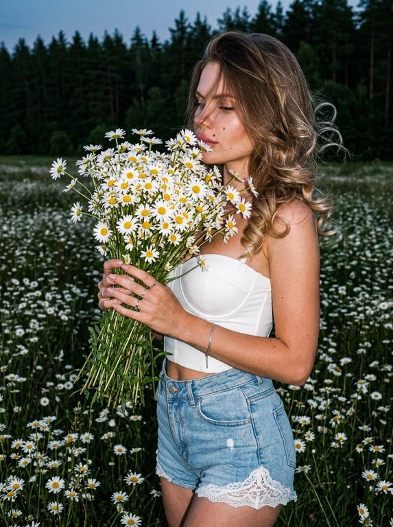 Поясной портрет или кадр по бедра, снятый на Canon G7X в стиле raw photo с лёгким плёночным зерном. Модель стоит вполоборота в огромном поле, густо усыпанном пышными ромашками. Она держит двумя руками очень большой объёмный букет полевых ромашек, прижимая его к лицу так, что лицо частично скрыто цветами и прядями волос. Видна только часть профиля, губы, нос и немного щеки, кадр выглядит живым и непостановочным.

Волосы, слегка развеваются от ветра. Видна естественная текстура кожи и поры, макияж аккуратный и выразительный, без эффекта пластика. 

Образ: белый облегающий топ без бретелей в стиле бандо или корсетного кроя, светло-голубые джинсовые шорты с высокой посадкой, по нижнему краю шорт белая кружевная ажурная отделка. На запястье серебряный браслет, на пальцах несколько тонких колец.

На заднем плане вдали виднеется тёмно-зелёный сосновый лес. Атмосфера тёплого летнего вечера. Освещение тёмное вечернее, модель и букет резко подсвечены жёсткой вспышкой, фон остаётся более тёмным. Фото выглядит как случайный живой кадр: нет идеальной симметрии, нет студийной постановки, натуральная резкость компактной камеры, raw photo, film grain, photorealism.

Какая будет прическа?: Концы волос закручены в мягкие воздушные локоны