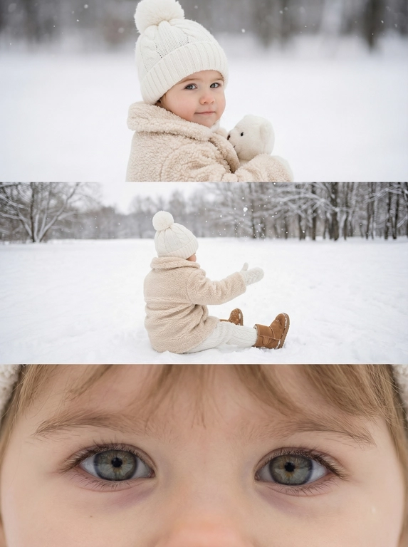   Создайте вертикальное изображение 2160×3840 px, разделённое на три равные горизонтальные части. Девочка (100% сходство с фото) не менять лицо,черты лица и возраст, оставить как на оригинальном фото,с милым, приятным выражением лица, вызывающим теплоту и уют. Атмосфера холодная, снежная, мягкая. Одежда: белая вязаная шапка с помпоном, тедди-шубка, белые вязаные штанишки, коричневые уги, белые варежки.

1️⃣ Портрет: крупный план, девочка держит белого плюшевого мишку, голова повернута назад, фон — размытый снег.
2️⃣ Полный рост: персонаж сидит спиной к камере на снежном поле, ловит снежинки, вид сверху, вдали голые деревья, ощущение уюта и мягкой изоляции.
3️⃣ Крупный план: приближённый кадр глаз с доброжелательным, мягким взглядом.