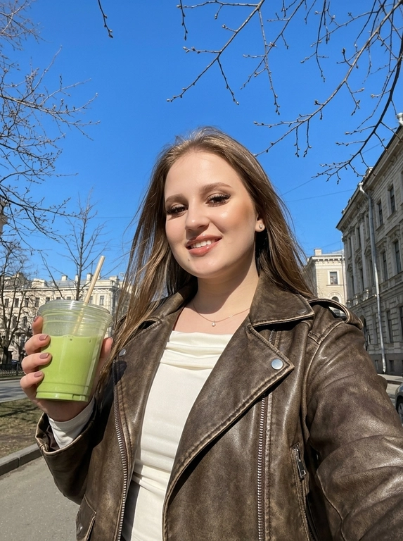 Не меняй черты лица женщины с фото. На этом ярком солнечном снимке запечатлена женщина в эстетике весенней прогулки. Фотография выполнена в формате селфи на фоне ясного голубого неба и деревьев. У неё аккуратный макияж с акцентом на сияющие губы (блеск), чётко оформленные брови, нарощенные ресницы в «лисьем» эффекте, лёгкий контуринг на скулах. На ней стильная кожаная косуха шоколадного цвета с эффектом состаренности. Под курткой виден лонгслив из вискозы с открытыми плечами и напуском молочного цвета. В ушах видны серьги-гвоздики и тонкая цепочка на шее с маленьким бриллиантом. Яркий прямой солнечный свет создаёт чёткие контрасты и подчёркивает текстуру одежды и блеск аксессуаров. Фон: чистое ярко-голубое небо без единого облака, ветви деревьев без листвы, асфальтовый тротуар, вдали красивые архитектурные здания, женщина прогуливается по улице города. Общее впечатление — позитивное прогулочное настроение. Ракурс: на вытянутой руке, снизу вверх.

Кофе в руке:   В руке пластиковый стакан матчи с трубочкой.