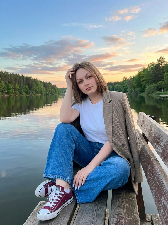 Портретная фотография на природе во время заката. Женщина сидит на деревянной скамейке со спинкой у берега спокойного водоема или реки. На заднем плане виден лесистый берег, а небо с облаками отражается в воде. Атмосфера кадра тихая, спокойная и умиротворенная. Цветовая гамма теплая и мягкая, с сочетанием голубых, розовых и оранжевых оттенков закатного неба.
На женщине белая футболка, голубые широкие оверсайз джинсы и бордовые кеды  Converse Chuck Taylor All Star OX с белыми шнурками. Поверх футболки накинут пиджак в клетку коричнево-бежевых тонов. Образ выглядит повседневно, естественно и расслабленно.
Поза непринужденная: женщина сидит на скамейке полулежа, слегка облокотившись на спинку. Одна рука поднята к голове, будто она поправляет волосы или просто касается виска в естественном жесте. Взгляд направлен прямо в камеру. Кадр передает ощущение уюта, тишины и вечернего покоя. Реалистичная фотография, мягкий естественный свет, живая атмосфера, натуральные цвета, спокойное lifestyle-настроение.
