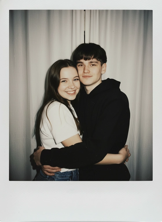 Take a picture with a Polaroid camera. the photo should look like a normal photo, without any clear subject or props. The photo should have a consistent light source such as a flash from a dark room, spread throughout the photo. Do not change the faces. Replace the background behind the two people with a white curtain. Люди на фото обнимаются.