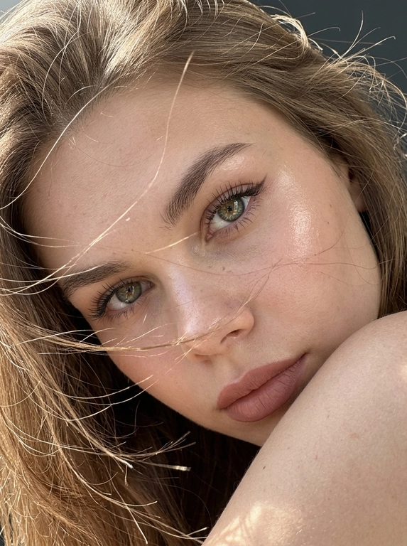 Ультрареалистичная фотография, случайный живой портрет, снятый на iPhone 17 Pro. Эффект настоящего кадра, сделанного в моменте, без постановочности, без фильтров и ретуши.

Внешность полностью сохранена без изменений. Женщина смотрит прямо в камеру. Голова слегка наклонена в сторону и опирается на плечо, плечо частично закрывает лицо. Выражение загадочное, притягательное и естественное.
Волосы активно развеваются ветром, отдельные пряди частично закрывают лицо и глаза, создавая эффект живого случайного кадра. Максимальная детализация отдельных волосков.

Легкий макияж с акцентом на глаза: длинные объемные ресницы, стрелки cat-eye на верхнем веке, идеально оформленные брови. Нюдовая матовая помада оттенка пыльной розы с контуром на тон темнее, влажный хайлайтер на скулах и переносице.

Одежда не видна. Основной акцент на лице, глазах и волосах.

Яркий прямой солнечный свет падает под углом на лицо, интенсивно подсвечивая глаза, подчеркивая глубину радужки, длинные ресницы и естественные блики в глазах. Солнечные лучи создают красивые световые акценты в волосах и на коже.

Естественная текстура кожи с видимыми порами, микрорельефом, легкими несовершенствами, едва заметными капиллярами в глазах. Живая кожа без эффекта пластика. Легкий цифровой шум, характерный для реальной фотографии.

Shot on iPhone 17 Pro, natural light, candid portrait, hyper detailed iris, visible skin pores, realistic skin texture, unedited RAW photo, depth of field, soft highlights, windblown hair, authentic photography, photorealistic, ultra realistic, 8k.