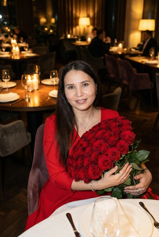 Женщина в дорогом ресторане сидит за сервированным столиком. Не меняй внешность, цвет волос и стрижку. Темное фото, теплые огни. В руках у нее огромный букет из 51 красной розы. Спонтанное фото в движении, немного смазано. Гламурный, но естественный макияж, серебряный браслет на руке, кольца, нежный маникюр. На шее тонкая серебряная цепочка и маленький кулон. Она смотрит в камеру, легкая улыбка. Она одета в вечернее красное платье с рукавами 