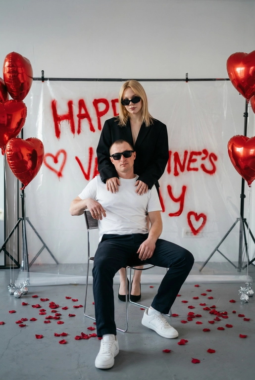 Фотореалистичная редакционная фотосессия пары ко Дню святого Валентина в студии. Фотозона как на референсе: белая студия с прозрачной плёнкой, натянутой на стойках. На плёнке — красные граффити-надписи "Happy Valentine's Day" и сердца в стиле спрей-арта, создающие дерзкий и контрастный фон. По бокам — студийные стойки и красные воздушные шары в форме сердца, на полу разбросаны красные лепестки роз. Атмосфера — современная, fashion, с лёгким арт-хаосом.

Поза и композиция: Крупный план до бедер, мужчина сидит на стуле по центру кадра в позе нога на ногу, уверенная расслабленная поза, его голова немного наклонена в сторону. Девушка стоит за ним, близко, её руки лежат на его плечах или слегка касаются шеи. Между парой ощущение близости и доминирующей, уверенной энергии девушки.
Одежда:
— Мужчина: белая футболка без принтов, тёмные брюки, белые кроссовки. Тёмные очки как fashion-акцент.
— Девушка: чёрный пиджак свободной посадки. Тёмные очки как fashion-акцент.
Выражения лиц: мужчина смотрит в камеру уверенно и спокойно. Девушка смотрит в камеру или слегка сверху вниз, с холодной, контролируемой эмоцией.
Свет: жёсткий студийный свет с акцентом на лица и текстуры, чёткие тени, высокий контраст.
Композиция: вертикальный кадр, пара по центру, фон полностью читается.
Стиль: фотореализм, модная редакционная съёмка, высокая детализация, современный fashion-editorial.