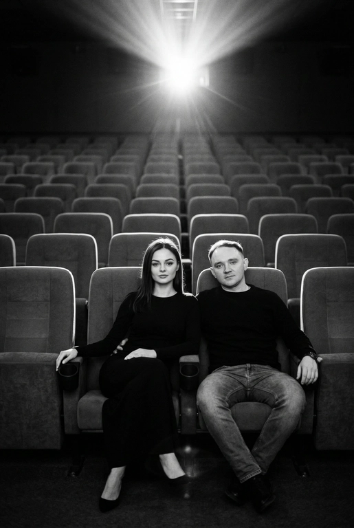Кинематографичный чёрно-белый портрет пары в пустом кинозале.
Женщина и мужчина сидят рядом в мягких креслах кинотеатра.
кадр с глубоким пространством и пустыми рядами кресел позади них. Женщина черном длинном обтягивающем платье, поза женственная и спокойная, одна рука на подлокотнике.
Мужчина в черном свитере и в джинсах, сидит расслабленно.
Над ними яркий луч проектора, и выразительные блики.