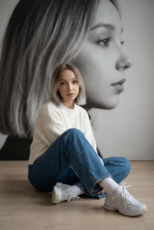   Максимально сохранить внешность, причёску и длину, как на фото.
Женщина должна сидеть на полу в изящной позе, в современном белом джемпере , в широких джинсах и белых носках и белых  кроссовках New Balance.

Её волосы как на фото
Выражение лица, как на фото, она смотрит на камеру .

Фон — тот же её профиль, в мягком крупном чёрно-белом художественном стиле, крупный план сбоку.

Композиция должна быть художественной, мягкой, реалистичной.
Создай изображение, которое выглядит как настоящая фотография.
