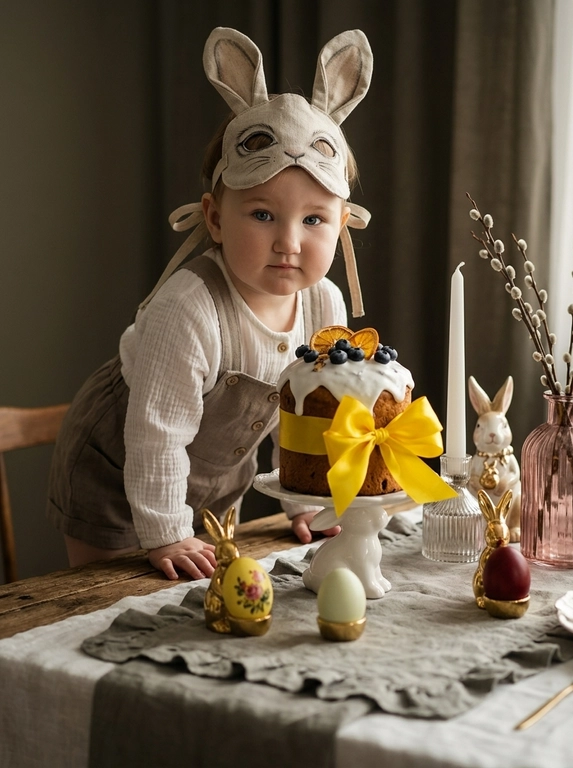 Создай фотореалистичный студийный пасхальный кадр, не меняя черты лица модели, с максимальным сохранением внешности. Уютный домашний сеттинг в эстетике rustic, cottagecore, Kinfolk и натуральных тканей. Модель расположена за праздничным столом, корпус слегка наклонён вперёд, обе руки опираются на столешницу, создавая естественную опору и лёгкое приближение к камере. Модель смотрит прямо в камеру, уверенный и спокойный взгляд, прямой eye contact, лицо хорошо видно, ракурс three-quarter, не профиль. На модели текстильная маска зайца с большими ушами и нарисованными глазами, маска закреплена на затылке тонкими бежевыми лентами, лицо полностью открыто. На модели лёгкая рубашка из белого муслина с рукавами, поверх — льняные шорты или комбинезон приглушённого серо-коричневого таупового цвета на пуговицах и подтяжках. Центральный объект композиции — высокий пасхальный кулич на изящной белой керамической подставке в форме лежащего кролика, покрыт белой глазурью, украшен черникой и дольками сушёного апельсина, перевязан широкой ярко-жёлтой атласной лентой с пышным бантом. На столе: высокая белая конусная свеча в ребристом стеклянном подсвечнике, фарфоровая фигурка кролика, позолоченные подставки в форме зайца с окрашенными яйцами (жёлтое с цветочным принтом, нежно-салатовое, насыщенно-красное), прозрачная розовая ваза с веточками вербы. Стол накрыт белой льняной скатертью, сверху серая дорожка с рюшами. Освещение мягкое боковое, как свет из окна, с тёплыми глубокими тенями. Съёмка с лёгкого низкого ракурса на уровне стола, но композиция выстроена так, чтобы лицо модели было полностью видно и направлено в объектив. Небольшая глубина резкости, передний план с мягким боке. Кинематографическая цветокоррекция в землистых, молочных и серо-оливковых тонах с акцентами жёлтого, красного и золота. Плёночная эстетика: лёгкое зерно, мягкие блики, глубокие тени, высокая детализация текстур ткани, керамики, дерева и глазури. moody underexposed fashion photography, intentionally lowered exposure, deep crushed blacks, rich shadows, high contrast, soft natural highlights, subtle film grain, shallow depth of field, 50–85mm lens, editorial style, realistic lighting, high detail.