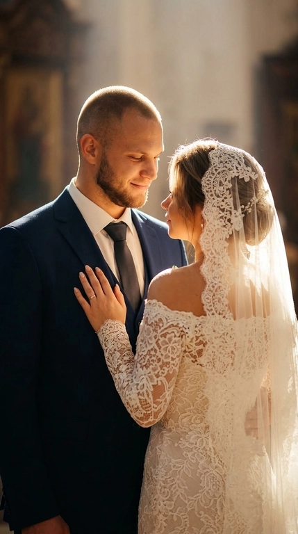 A realistic and believable shot of a couple.

Pose
The man and woman stand half-turned toward each other, creating a romantic and intimate moment. The man is on the left, softly gazing at the woman with a smile, his body slightly turned toward her. The woman stands with her back to the viewer, but has turned her head in profile to meet her partner's gaze. Her right hand rests gently on the man's chest, emphasizing the couple's closeness.

Angle
The photograph is taken from eye level, mid-ground (waist-length). The camera is positioned to focus on the couple's interaction and emotions, shifting slightly to the side to capture both their profiles.

Clothing
The man is wearing a classic dark suit with a white shirt and a dark tie. The woman is wearing an off-the-shoulder wedding dress with long lace sleeves. The dress is richly decorated with a floral lace pattern, which also extends to the long, flowing veil covering her head.

Lighting
This is the key element of the photograph.  A backlighting effect (light coming from behind the couple) is used, creating a bright golden outline (halo) around the silhouettes. The light is soft, warm, and diffused, highlighting the edges of the couple's hair and veil, giving the scene a fairytale-like, ethereal quality. The couple's faces are softly lit, with emphasis on their profiles.

Camera Effect
A shallow depth of field is used, blurring the background completely, focusing attention solely on the couple. A subtle glow (soft focus or bloom effect) softens the contours and adds a cinematic, dreamy feel to the image. Color grading is done in warm tones.

Background
The background is virtually indistinguishable due to the intense blurring and specific lighting. It can be assumed that this is a dark or subdued room, like a church, where the focus is solely on the glowing spot behind the couple.

Hairstyle
The woman's hair is partially hidden by the veil covering her head; the veil must remain on her head. DO NOT CHANGE THE FACIAL FEATURES; THEY SHOULD BE THE SAME AS THE REFERENCE PICTURE.