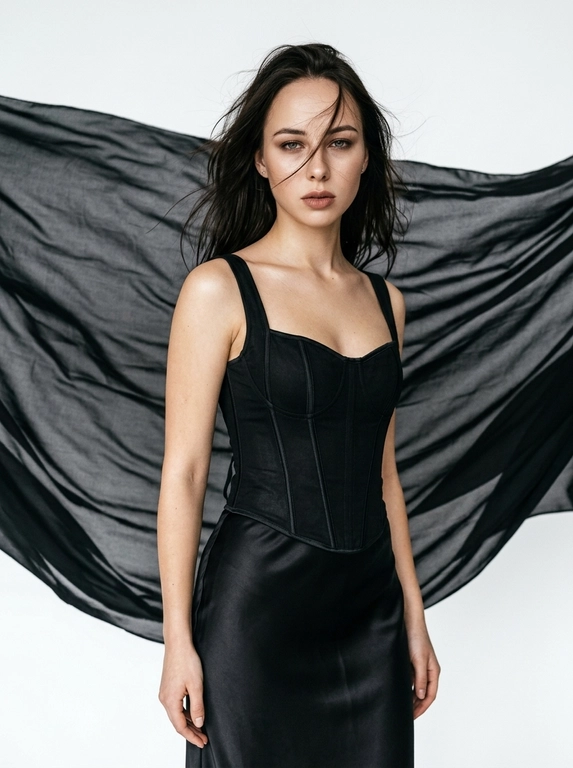 Создай ультрареалистичный студийный fashion-портрет, близкий кадр чуть ниже груди до бедёр. Модель стоит на чистой белой циклораме. За моделью натянута большая чёрная шифоновая ткань, которая развевается на ветру, создавая драматичный графичный фон и контраст с белым пространством студии.

Волосы живые, слегка растрёпаны ветром; часть прядей падает на лицо, создавая естественную динамику и выразительность.

Поза спокойная и уверенная, корпус слегка развёрнут к камере, плечи расслаблены. Взгляд направлен в камеру или чуть в сторону, выражение лица томное, собранное и кинематографичное. Макияж аккуратный и выразительный: подчёркнутые глаза, мягкий контуринг, естественное сияние кожи, губы пудрово-коричневого оттенка.

Лицо должно выглядеть живым и реалистичным: натуральная текстура кожи, видимые поры, естественные тени под глазами, реалистичные блики на коже, без пластиковой ретуши, без воскового эффекта, без чрезмерного сглаживания кожи, без beauty-фильтра. Кожа не должна выглядеть идеально гладкой или искусственной.

Освещение студийное, мягкое, но контрастное: свет подчёркивает лицо, волосы, линию плеч, фактуру платья и движение шифоновой ткани. Белая циклорама остаётся чистой и минималистичной, а чёрная ткань за моделью создаёт ощущение движения, глубины и драматичного editorial-кадра. Кинематографический эффект с лёгким плёночным зерном, RAW-style, high fashion editorial photography, sharp focus, high detail, реалистичные тени и блики, без текста и логотипов.

Какая будет одежда?: На модели чёрный корсет и длинная сатиновая юбка с мягким блеском. Образ выглядит чувственно, элегантно и дорого, а контраст структурного корсета и струящейся ткани красиво перекликается с шифоновым фоном.