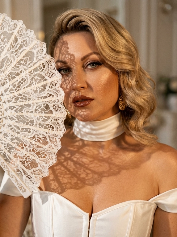Ultra realistic beauty editorial portrait. Крупный портрет модели: лицо, шея и плечи, лёгкий наклон камеры. Белый кружевной веер частично закрывает лицо, создавая чёткие lace shadows на щеке, глазе, шее и ключице.
Белый структурный корсет с открытыми плечами и плотный satin neck wrap, плотно облегающий шею.  Макияж: sharp eyeliner, длинные ресницы, glossy brown lips, сияющая бронзовая кожа с натуральной текстурой.
Тёплый направленный свет, глубокие тени, золотистый glow, крупные золотые серьги, cinematic contrast, subtle film grain, Vogue aesthetic, RAW realism, ultra detailed 8K, no plastic skin.

Какая будет прическа?: Крупные мягкие голливудские волны, уложенные на один бок, элегантный glam-эффект.