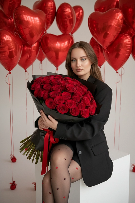 Создай крупный портрет, не меняя черты лица. Эстетичный снимок в стиле высокой моды (Vogue). В центре композиции - девушка, сидящая на белом кубе, она держит огромный пышный букет в черной матовой крафтовой бумаге с красной лентой. Девушка одета в оверсайз черный жакет (блейзер) и тонкие черные капроновые колготки с мелким принтом в виде красных сердечек.  Безупречный макияж. На заднем плане — минималистичный светлый интерьер, заполненный множеством парящих красных фольгированных шаров в форме сердец на тонких лентах. Освещение мягкое, студийное, создающее легкие блики на глянцевой поверхности шаров и подчеркивающее текстуру цветов.

Стиль и качество: Кинематографичный кадр, гиперреализм, высокая детализация тканей и лепестков.
Глубокий контраст между насыщенным красным цветом и строгим черным цветом одежды. Камера на уровне глаз, объектив 35mm, f/2.8. Огромный и пышный букет из красных бархатистых роз