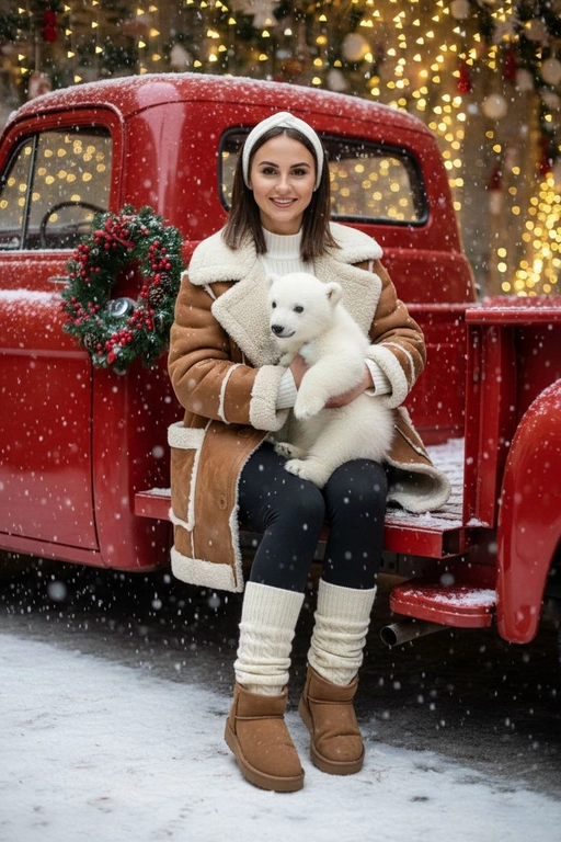 Портрет молодой женщины, сидящей на кузове винтажного красного грузовика. Девушка держит на руках животное. На ней коричневая дубленка с белой окантовкой из овчины по воротнику, манжетам и карманам, под дубленкой белый свитер с горловиной, черные лосины тканевые без блеска, на ногах укороченные, высотой до щиколоток коричнево-бежевые угги на платформе и кремовые гетры до середины икр, выглядывающие из уггов. 
Девушка смотрит в камеру, на ее лице легкая улыбка. 

На грузовике — праздничный рождественский венок. На земле лежит снег.

Мягкий снег падает. Атмосфера — реалистичная, теплая и немного кинематографичная. Сияющие рождественские огоньки и украшения создают яркую теплую атмосферу. Разрешение 8K, акцент на текстуру одежды, снег и сверкающие огоньки на заднем фоне. —ar 3:4 —v.

Не меняй черты лица.  На голове девушки белая повязка. Держит на руках белого медвежонка