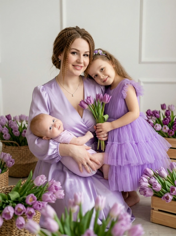 Студийная весенняя фотосессия мамы и 2 дочек в нежной фиолетовой цветовой гамме. Вокруг расставлены корзины и ящики с большим количеством фиолетовых тюльпанов. Мама в нежно-фиолетовом атласном платье с V-вырезом и объемными рукавами, естественный сияющий макияж. 2 Дочке в пышном платье из фиолетового фатина с маленьким цветочным ободком.. Дочери 5 лет и 5 месяцев. У мамы прическа: updo с выпущенными прядями у лица. Светлый минималистичный фон c лепниной. Мягкий рассеянный студийный свет, чистая профессиональная цветокоррекция, высокая детализация, естественная поза. Не менять черты лица, возраст дочери и матери, цвет и длину волос. Атмосфера кадра — нежная, теплая, с акцентом на эмоциях и тактильности. Реалистичное качество, без искажений лица и пропорций. Крупный портрет по плечи. Мама держит дочку на руках, их лица рядом.  смотрят прямо в камеру. Между ними небольшой букет тюльпанов, мягкий фокус на глазах.