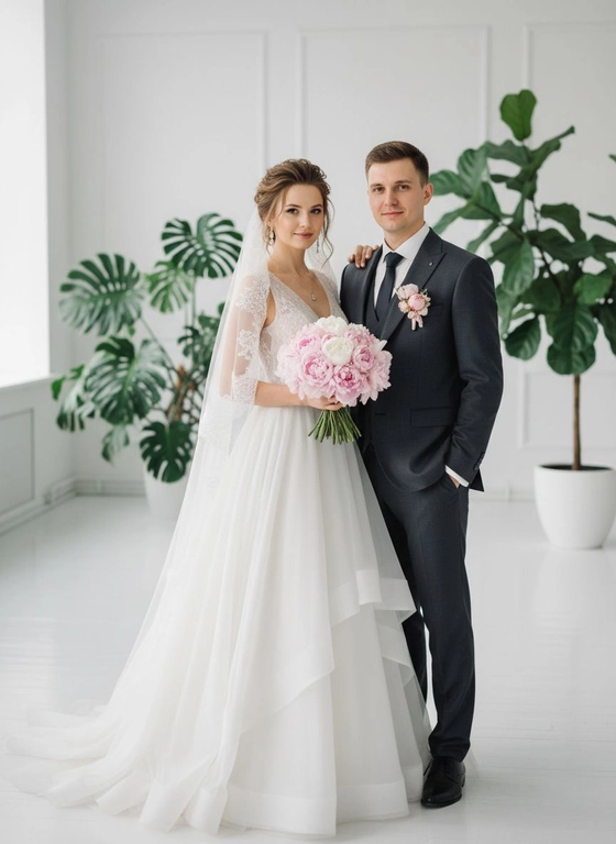 
Создай студийное свадебное фото в полный рост, парень выше на 7-9 см, в темно сером стильном модном и дорогом классическом костюме, с бутоньеркой как букет у невесты, девушка в нежном пышном свадебном свадебном платье, с букетом пионов, жених нежно касается плеча невесты, оба романтично смотрят в камеру и мило слегка улыбаются. Девушка с русыми милированными волосами, волосы до плечь, красивая свадебная укладка и макияж, на голове фата подходящая под платье невесты, на шее у девушки нежное украшение и красивые серьги подходящие к образу. Лёгкий свадебный макияж. Дорогая фотостудия в белых тонах. И большими комнатными растениями