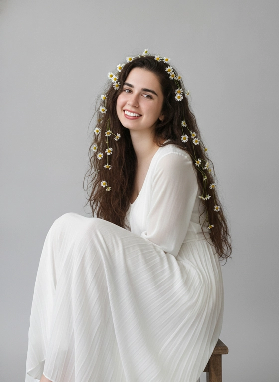 Фотореалистичный dreamy portrait в стиле cottagecore. Молодая женщина сидит в расслабленной позе, слегка подтянув колени к себе. Голова наклонена набок, взгляд направлен в камеру, выражение мягкое и задумчивое.
На ней длинное воздушное белое платье из полупрозрачного шифона с лёгкими складками и струящейся юбкой. Волосы очень длинные, густые, уложены в мягкие естественные волны. По всей длине волос вплетены небольшие белые ромашки, создавая эффект цветочной короны.
Ракурс — средний портрет от колен до макушки, камера на уровне глаз. Акцент на лице, волосах и цветах. Фигура хрупкая и женственная, поза естественная и спокойная.
Фон минималистичный светло-серый, без лишних деталей. Мягкий рассеянный студийный свет подчёркивает текстуру кожи, ткани и волос. Нежная палитра белых, серых и тёмно-шоколадных оттенков.
Ethereal beauty portrait, cottagecore aesthetic, romantic mood, soft editorial lighting, ultra realistic, high detail, 8K.

PRESERVE THE FACE EXACTLY AS IT IS. DO NOT CHANGE THE FACE. DO NOT ALTER FACIAL FEATURES. KEEP THE EXPRESSION, HEAD ANGLE AND PROPORTIONS EXACTLY AS IN THE REFERENCE.