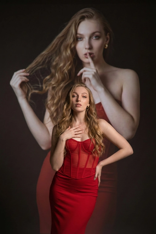 Создайте фотографию женщины в элегантной позе. На ней — слегка прозрачный облегающий красный корсет и длинное облегающее красное платье. Одной рукой она касается области груди, а другой — мягко опирается на бедро, что создаёт динамичную позу. Она смотрит с уверенностью и чувственностью. На ней простые серьги.
Эта женщина на переднем плане занимает меньшую часть высоты изображения. На ней — слегка прозрачный облегающий красный корсет и длинное облегающее красное платье.
Фон тёмный и минималистичный, с мягкой теневой проекцией той же женщины (в другой позе или в виде абстрактной фигуры) в верхней части изображения. Проекция — естественное цветное изображение женщины, которая представлена значительно крупнее и занимает большую часть верхней части фона. Она выглядит соблазнительно: одной рукой держит волосы, а палец другой руки прижала к губам, смотря при этом соблазнительным взглядом.
Не изменяй черты лица. Длинные волнистые волосы